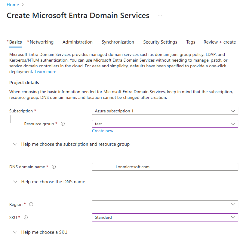 Azure AD DS Creation - Basics Tab