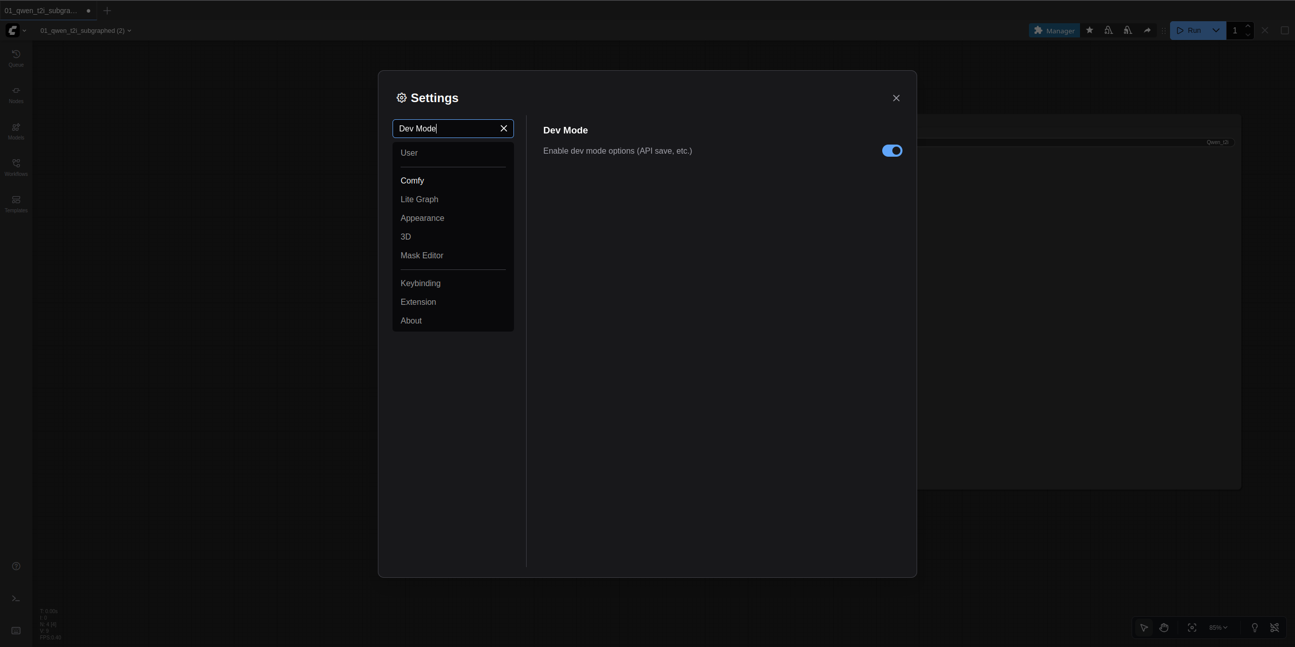 Screenshot of the ComfyUI settings with the "Dev Mode" toggle highlighted.