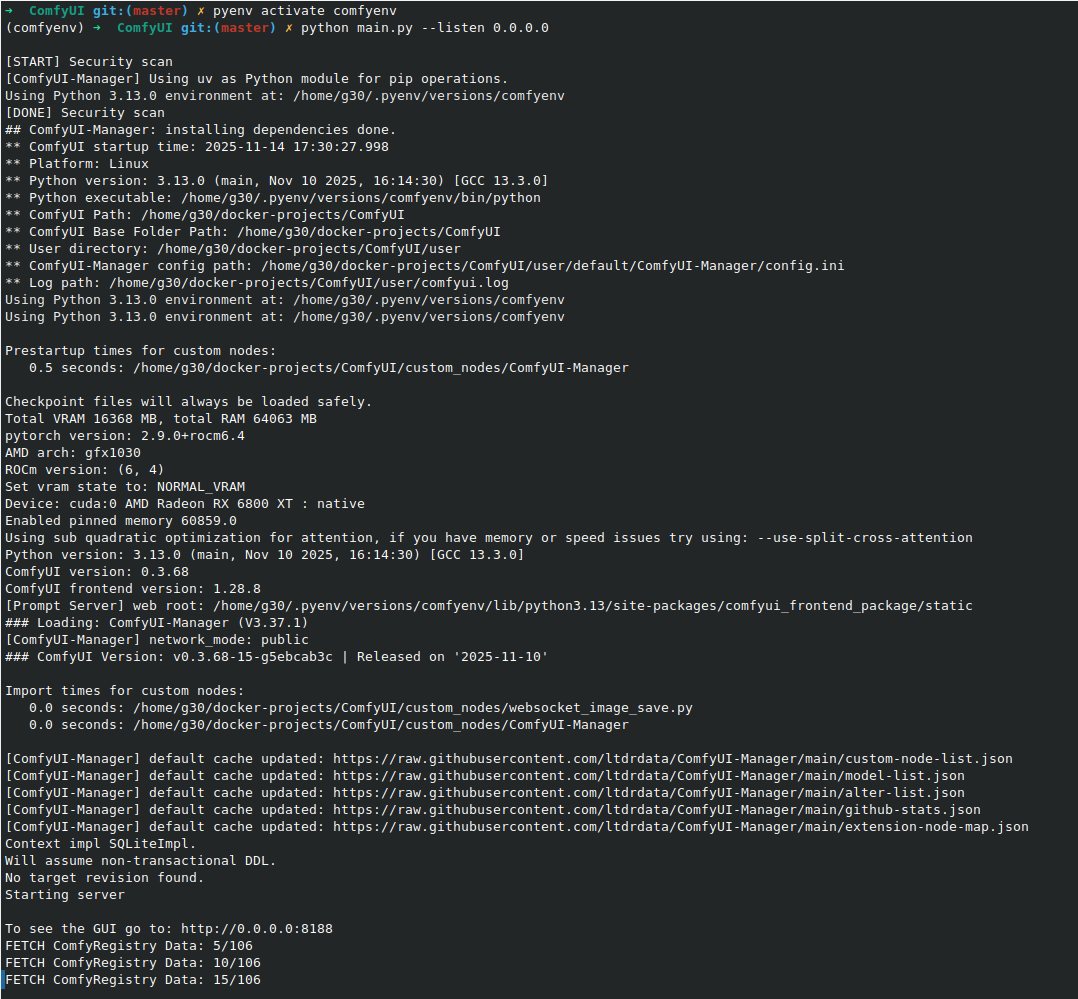 Screenshot of the ComfyUI server startup command with the --listen flag highlighted.