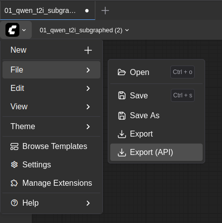 Screenshot of the "Save (API Format)" button in the ComfyUI interface.