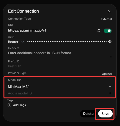 MiniMax Connection Setup 2