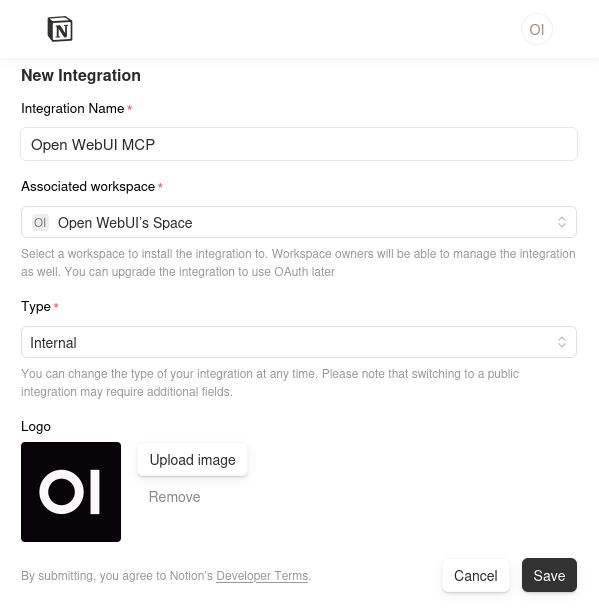 Notion Integration Setup Form: Shows the 'New Integration' screen with Name filled, Workspace selected, and 'Type' set to Internal.
