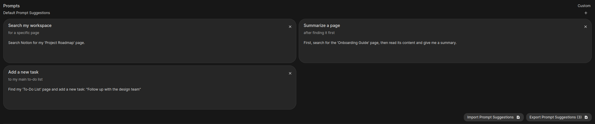 Model Prompts Config: Shows the 'Default Prompt Suggestions' section with examples filled in.