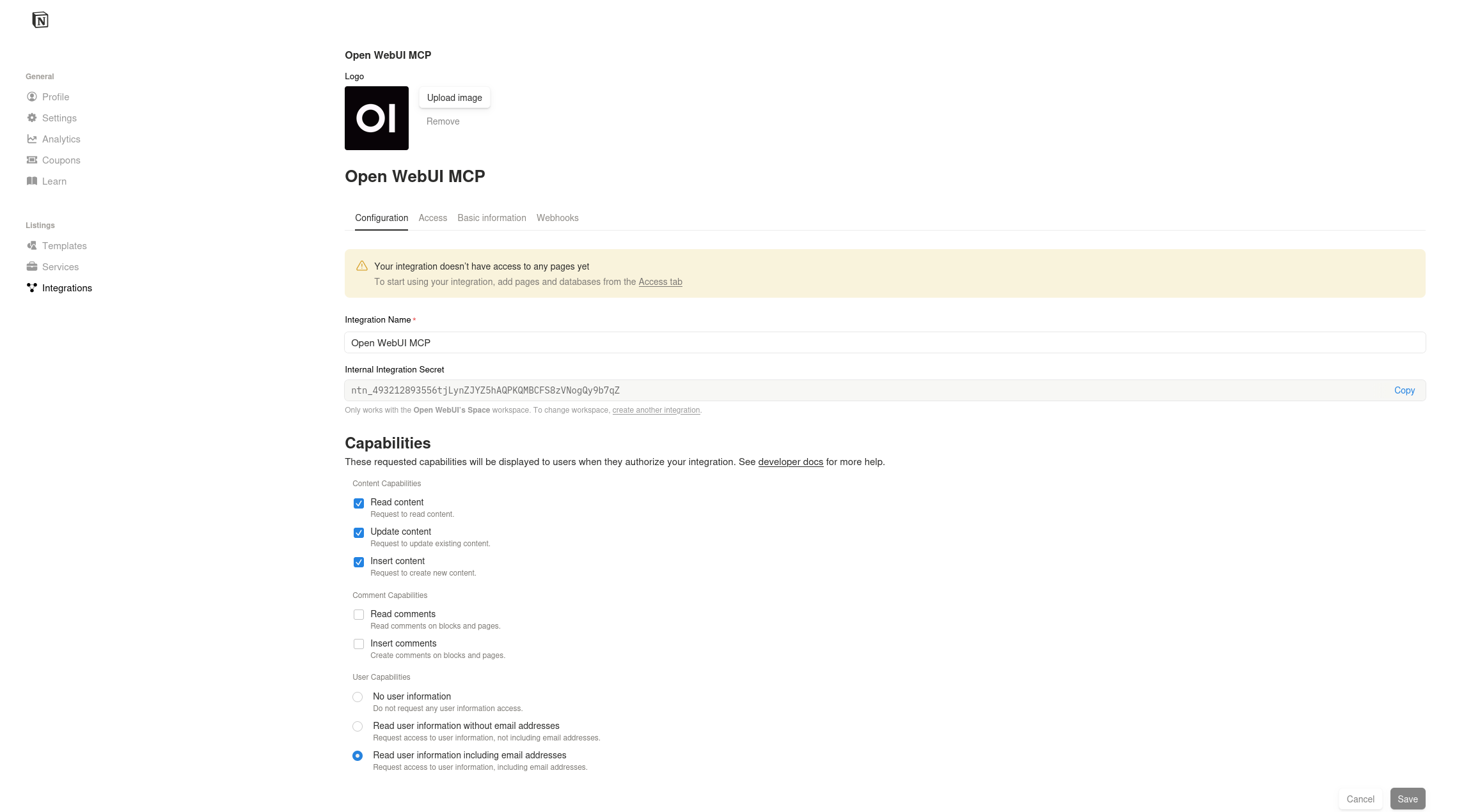 Notion Capabilities Config: Shows the Internal Integration Secret revealed and the three content capability checkboxes selected.