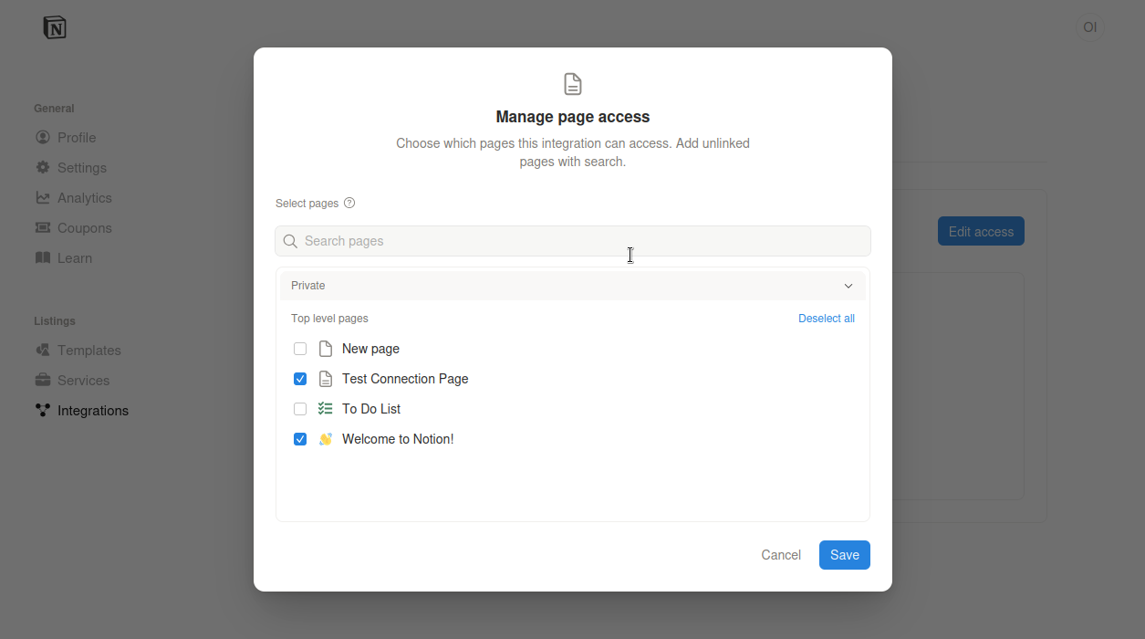 Notion Access Tab: Shows the 'Manage page access' modal where specific pages like 'To Do List' are being selected for the integration.