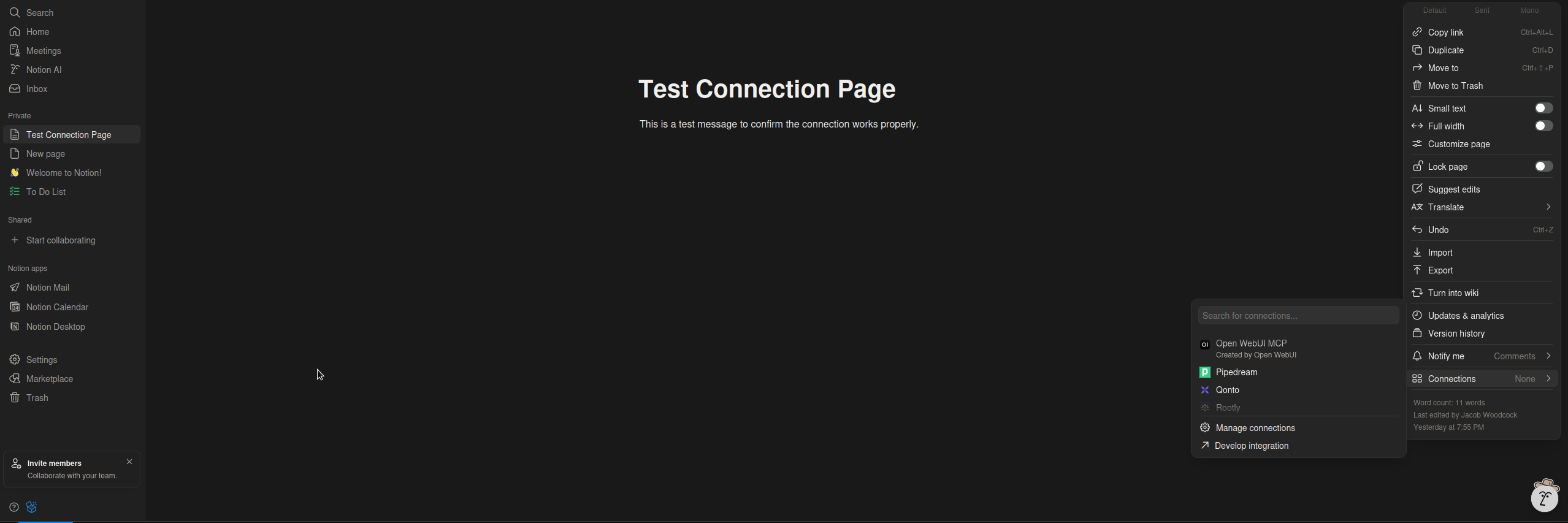 Notion Page Connection: Shows a Notion page with the '...' menu open, the 'Connect' submenu active, and the integration being selected.
