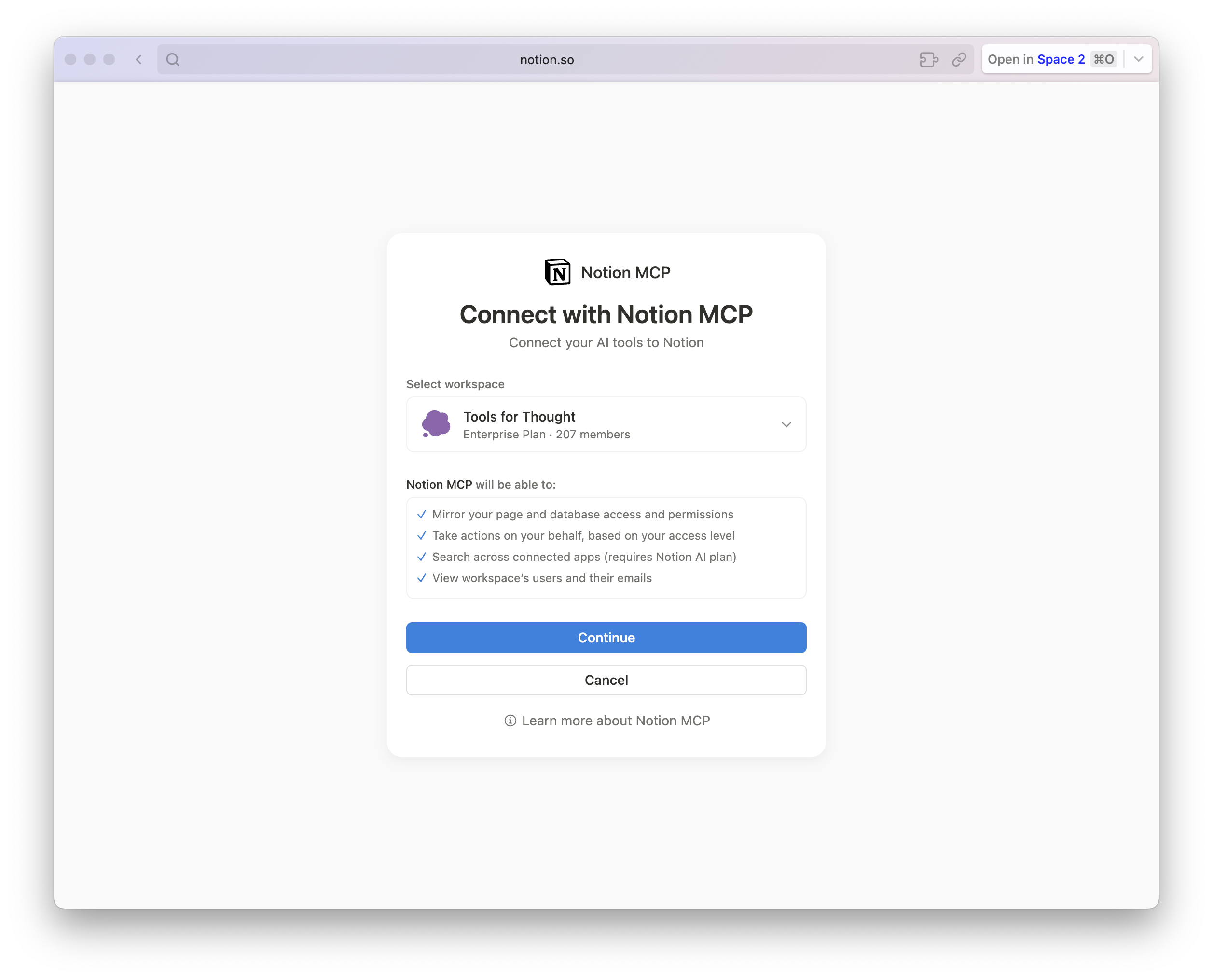 Notion OAuth Screen: Shows the 'Connect with Notion MCP' authorization page with the workspace dropdown selected.