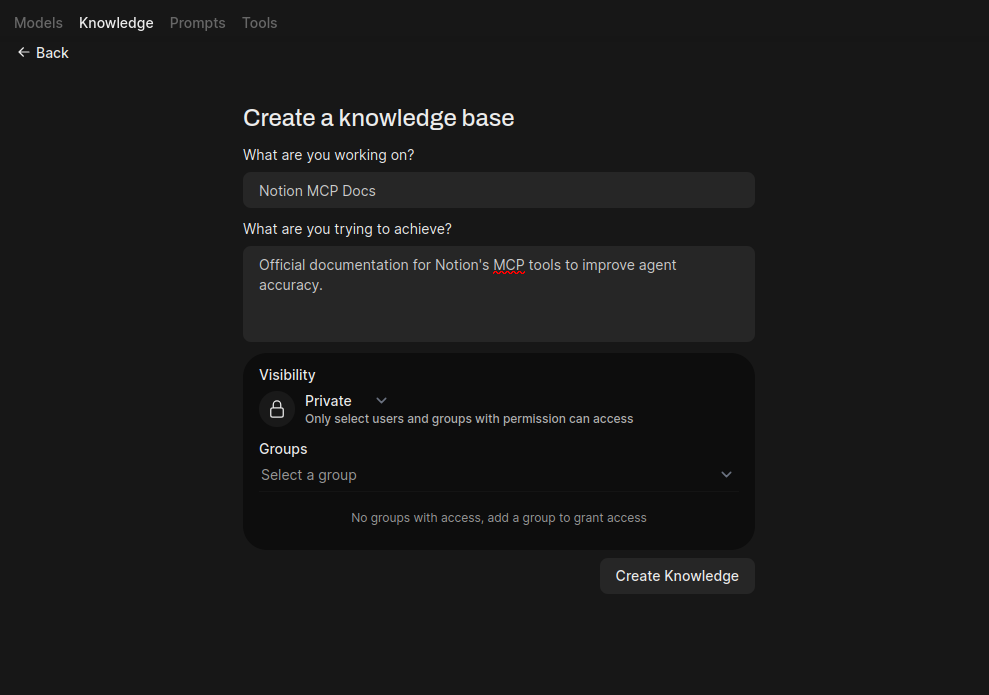 Create Knowledge Base Form: Shows the form with 'Notion MCP Docs' as the name and a relevant description.