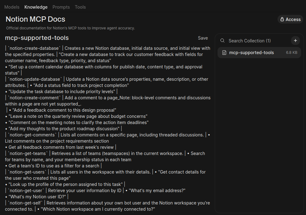 Knowledge Base Content View: Shows the 'Notion MCP Docs' knowledge base with the documentation file successfully uploaded.