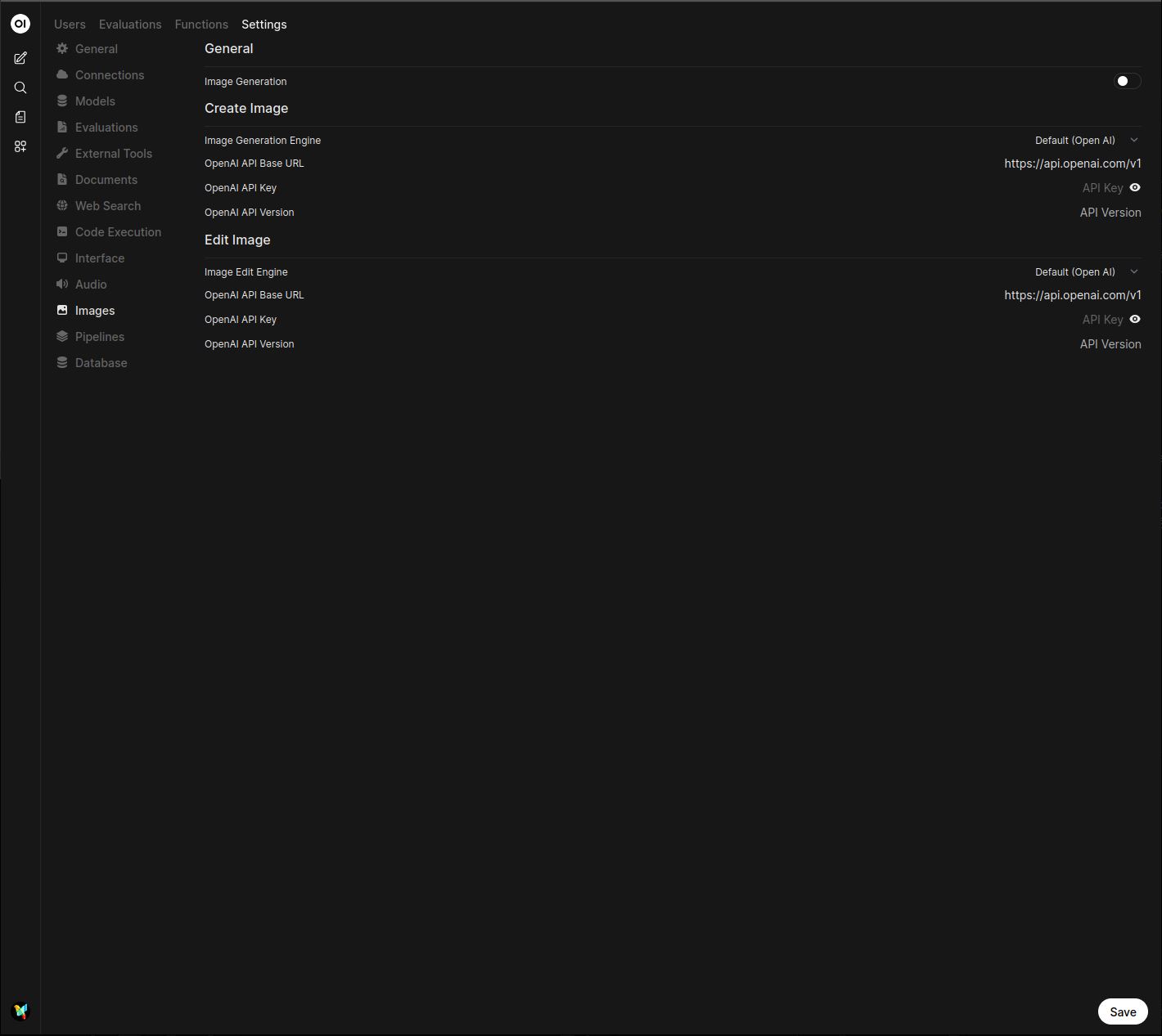Screenshot of the Open WebUI Images settings page with Open AI selected and the API key, model, and image size fields highlighted.