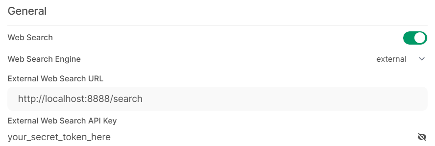 Open WebUI Admin panel showing External Search config