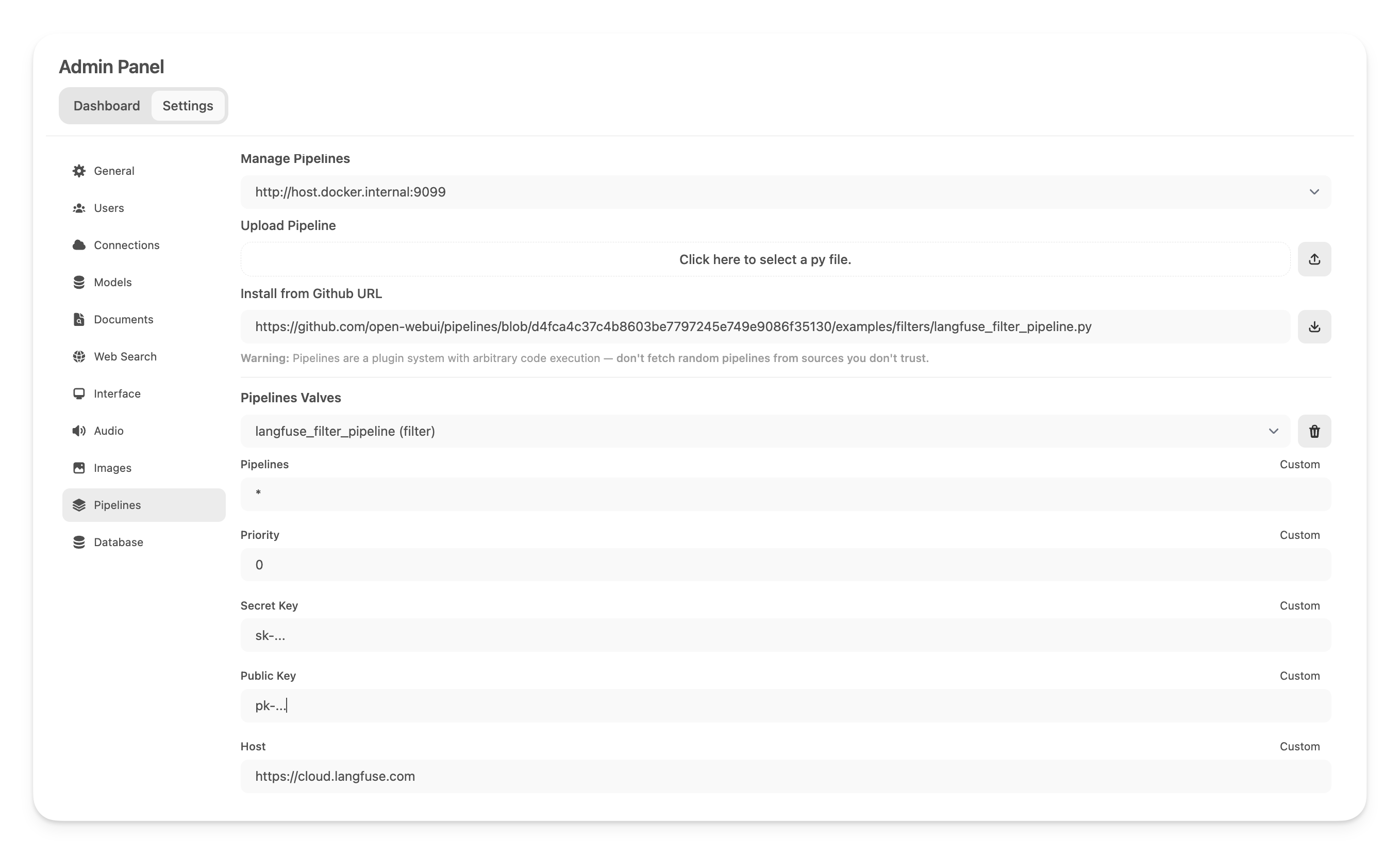 Open WebUI add Langfuse Pipeline
